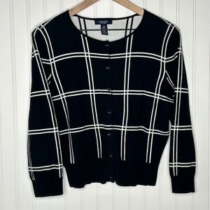 Chaps Womens Cardigan Black White Plaid Button Front Knit Sweater Top L